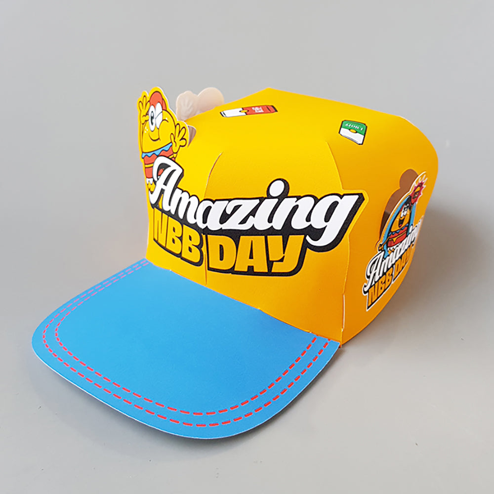 Custom pop-up event cap worn with baseball mascot brand design