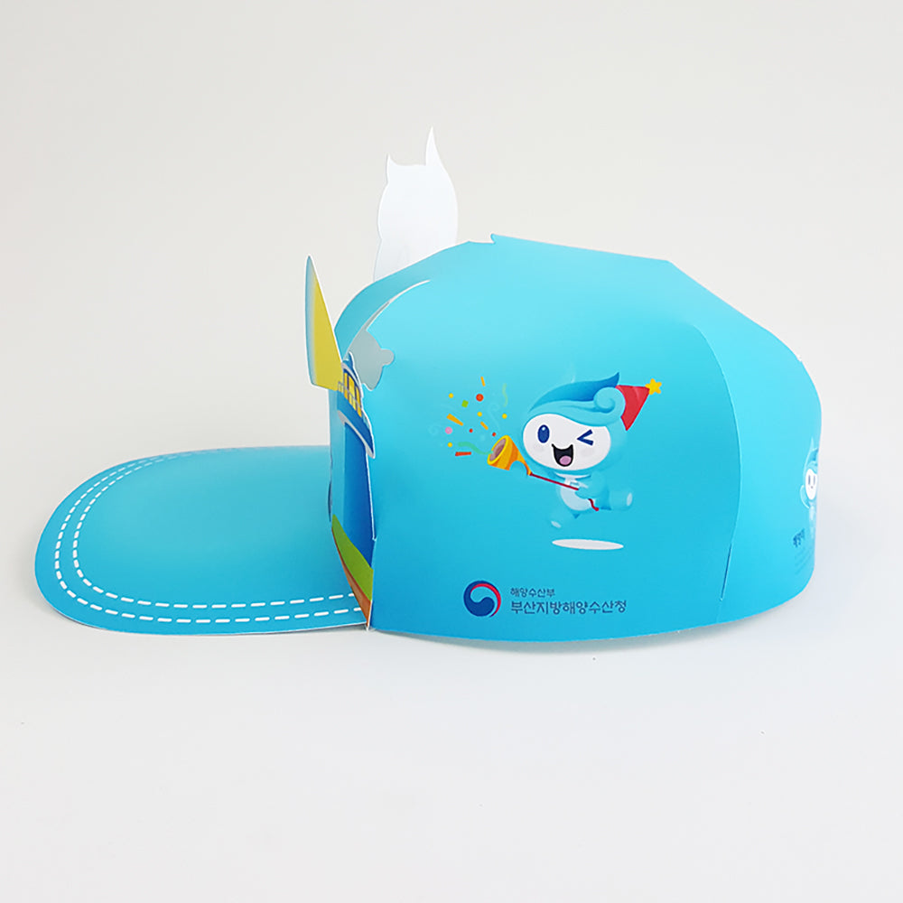Custom pop-up event cap with blue mascot character design