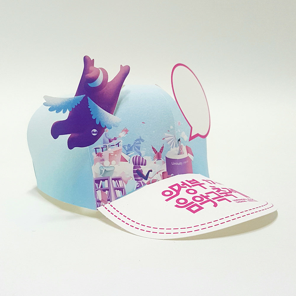Custom pop-up event cap with flying elephant character design