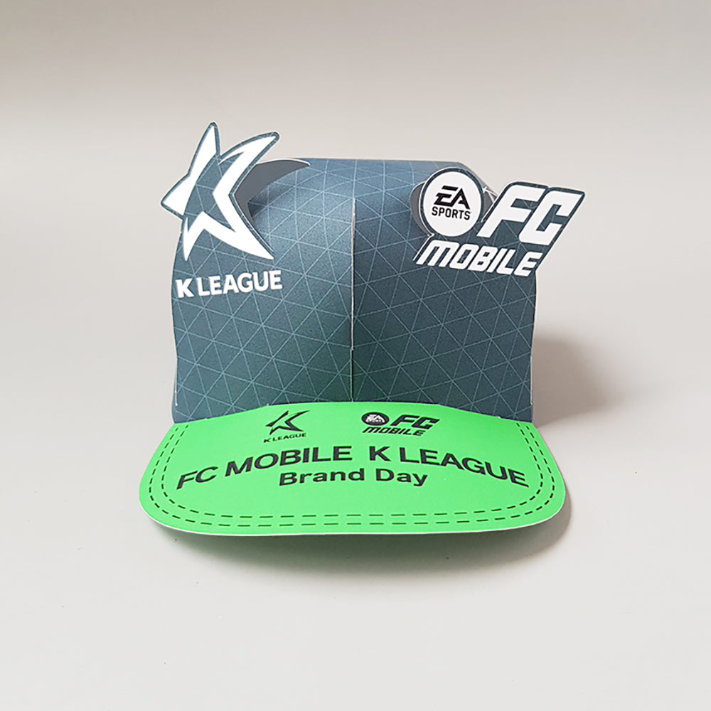 Custom pop-up event cap worn with soccer league brand design